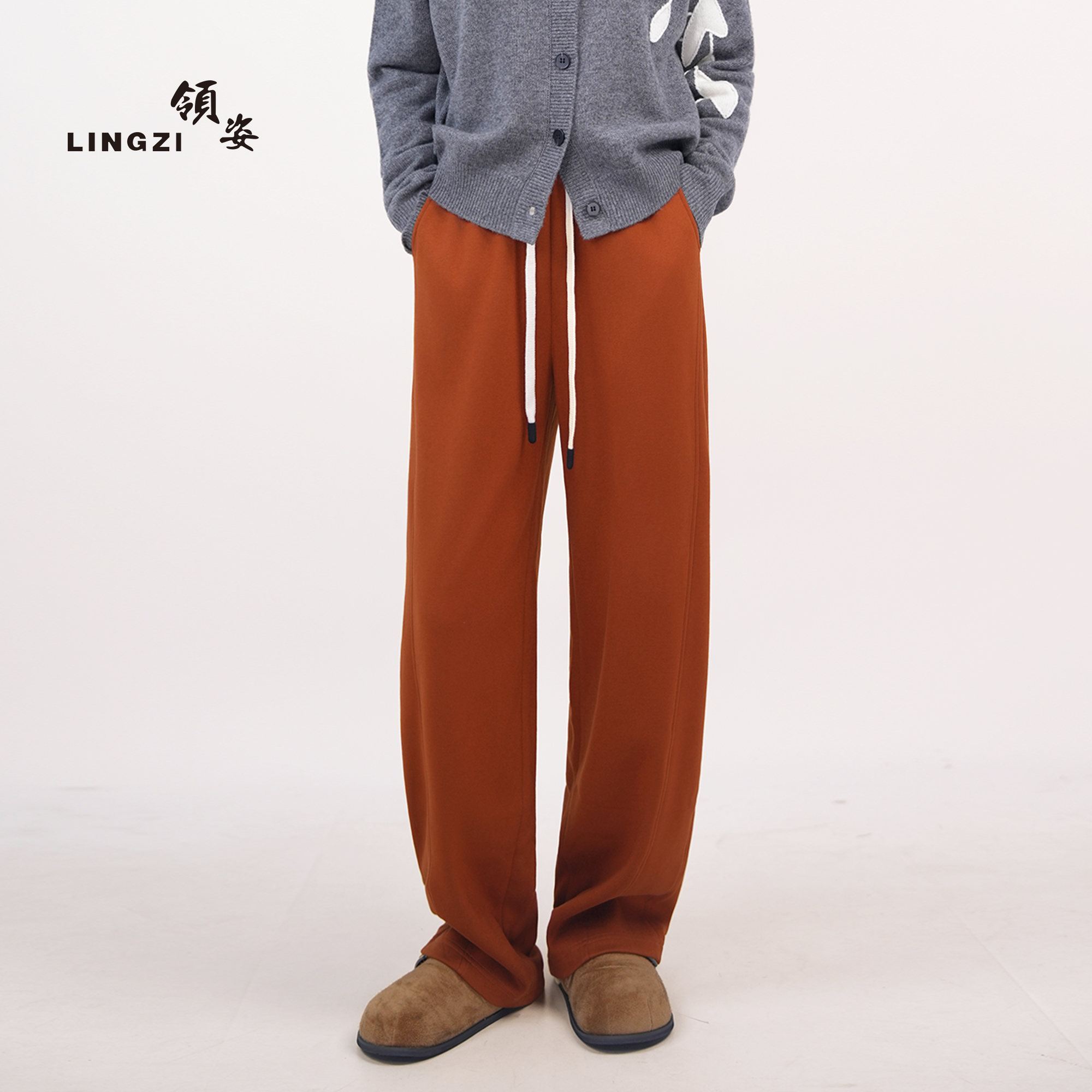 LINGZI/领姿阔腿裤长裤设计师直筒裤休闲裤深棕色裤子卫裤抽绳