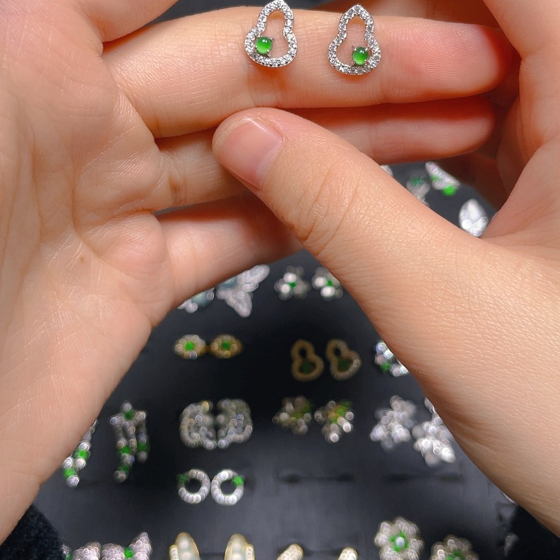 翡翠戒指银S925镶嵌耳钉