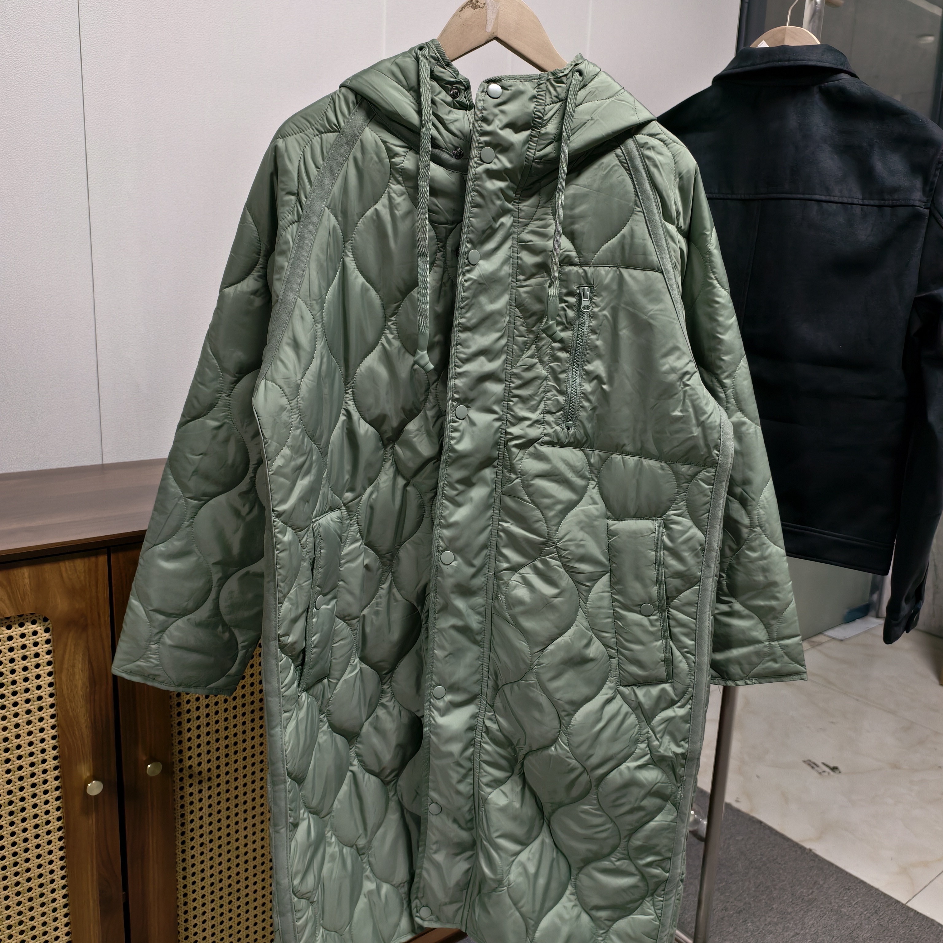 【ZA】 多色菱格纹连帽中长款宽松保暖棉服秋冬外套ZA01