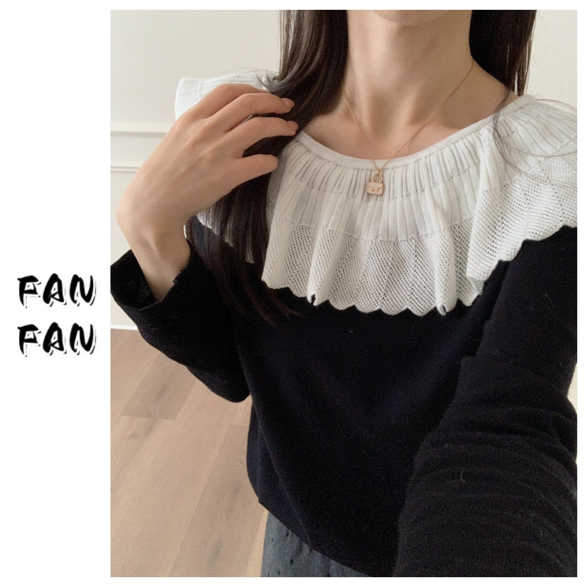 FANFAN 【赫本风荷叶领】拼色针织衫