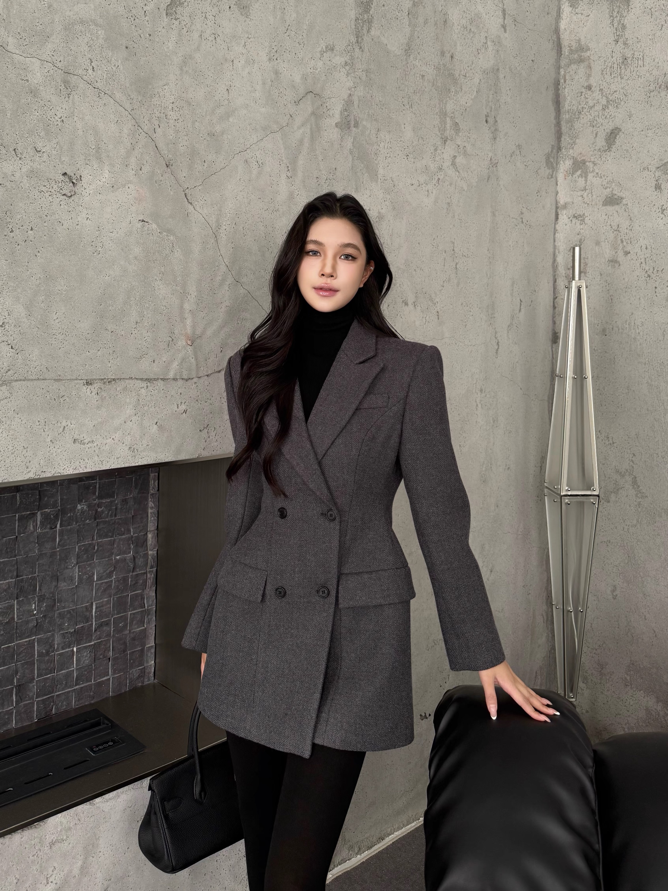 复古微收腰双排扣西装呢子夹棉垫肩冬韩系高级气质外套女（质感好）