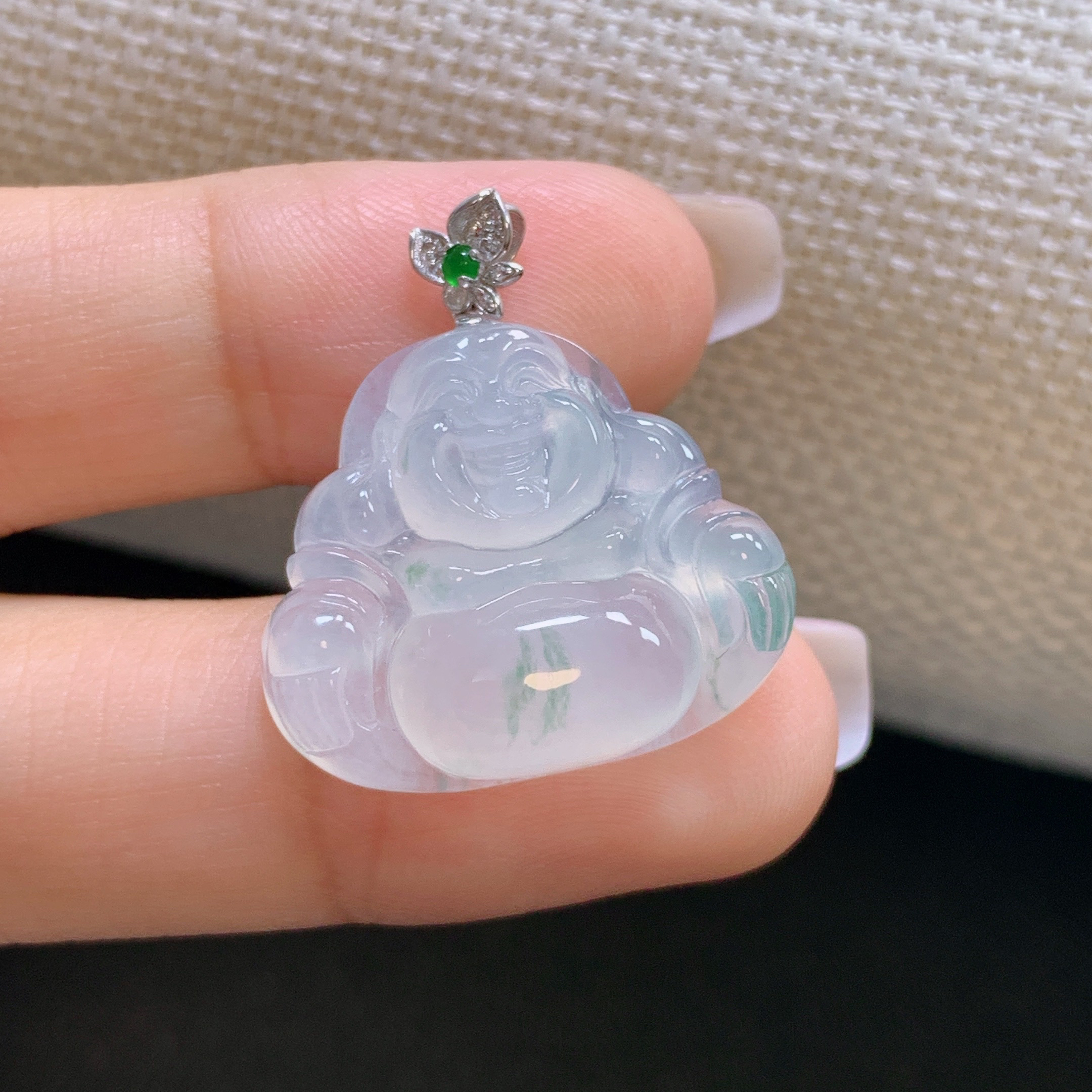 缅甸天然A货翡翠镶嵌18k金冰种飘绿佛公吊坠精美雕刻26*23.3*6