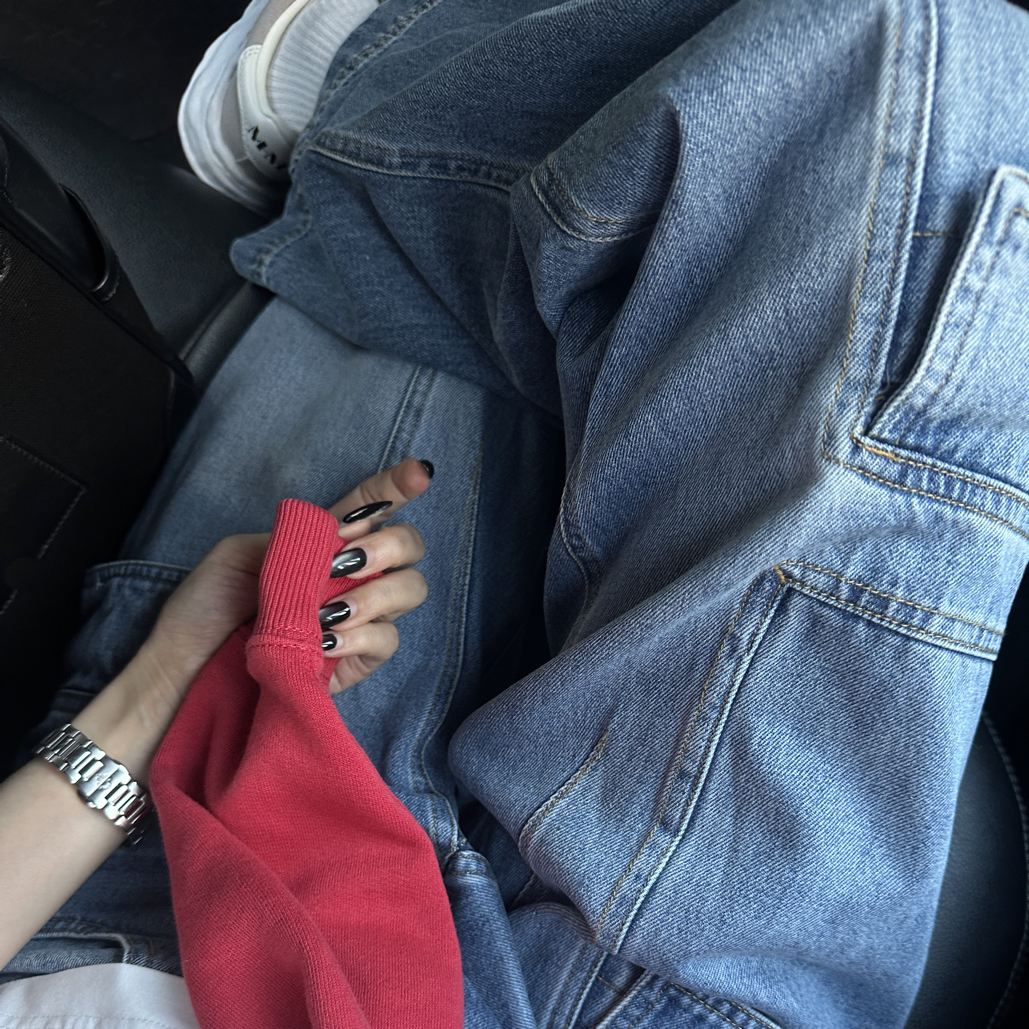 Almonds.工装多口袋牛仔裤时尚休闲直筒百搭水洗宽松长裤潮流显瘦