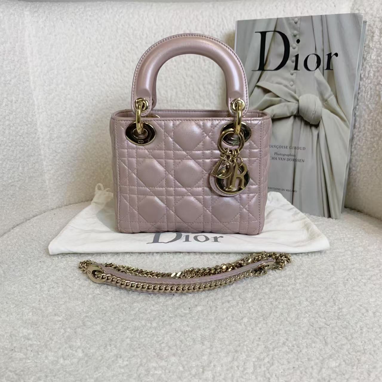 95新 DIOR/迪奥 壹臻/珠光粉三格戴妃包 98353173