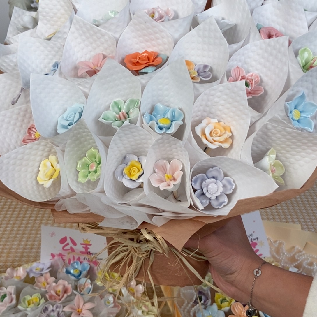 陶摆件33朵陶瓷花花