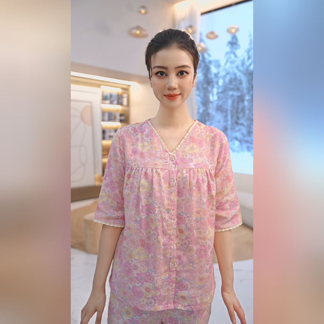 秋鹿春夏新款双层纱印花V领五分袖九分裤女套碎花宽松中袖时尚