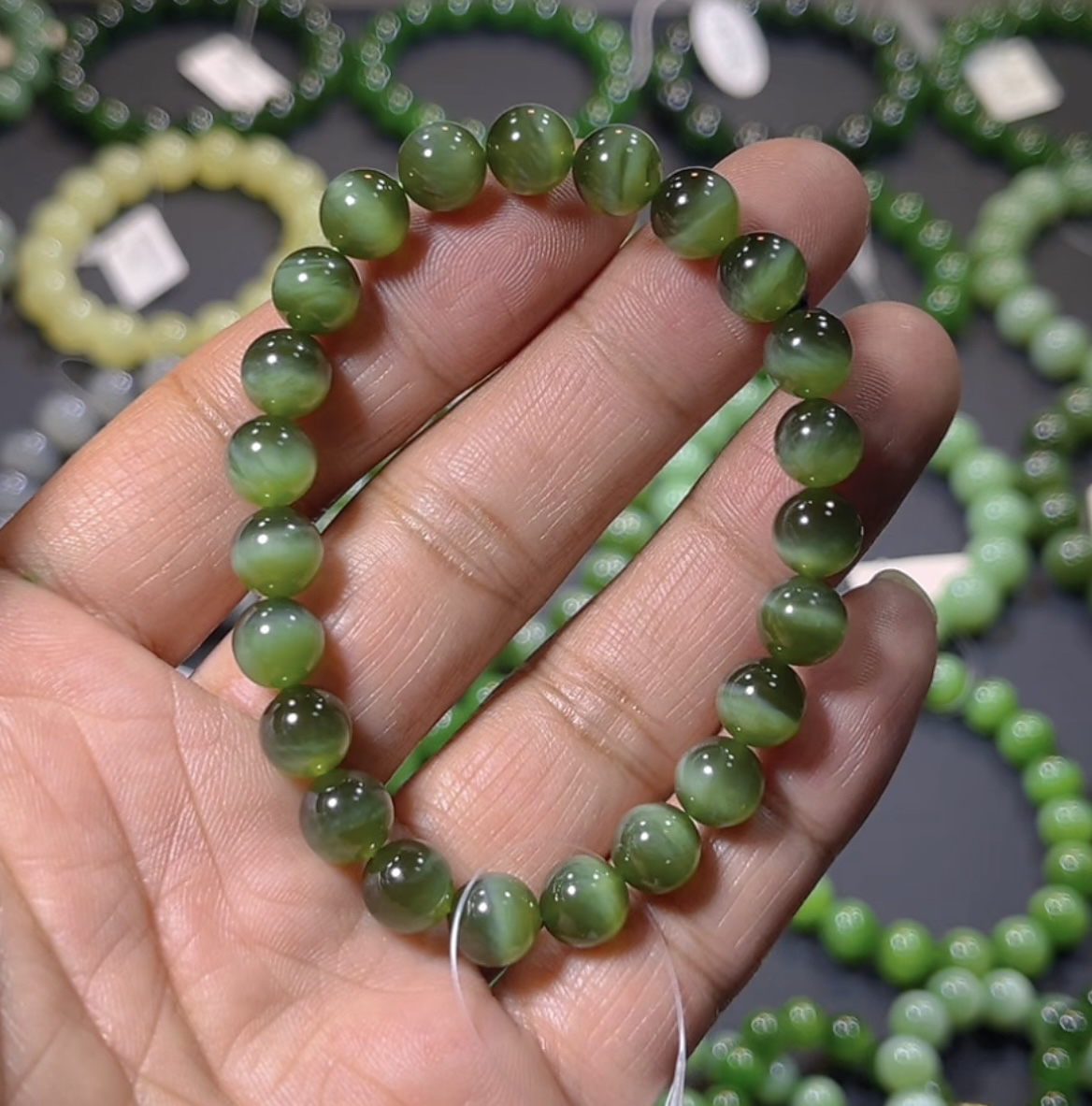 天然和田玉俄罗斯碧玉猫眼金绿猫无暇手串8mm男女士手链