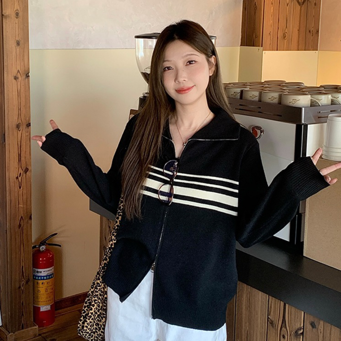 【冰姐】2025秋款宽松百搭条纹双拉链针织上衣