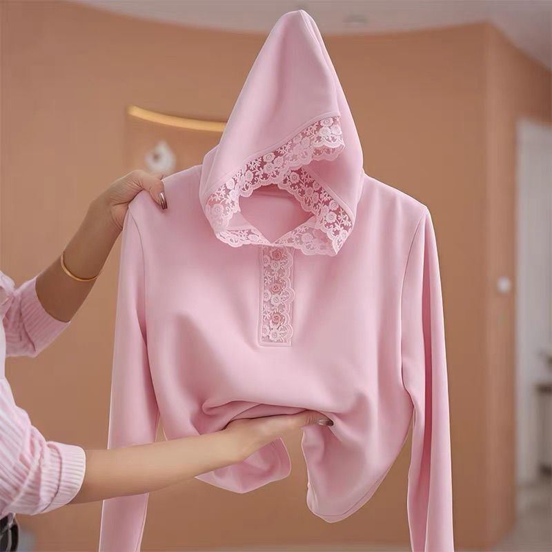 粉色连帽长袖t恤女秋冬内搭蕾丝打底衫2025新款洋气百搭气质上衣