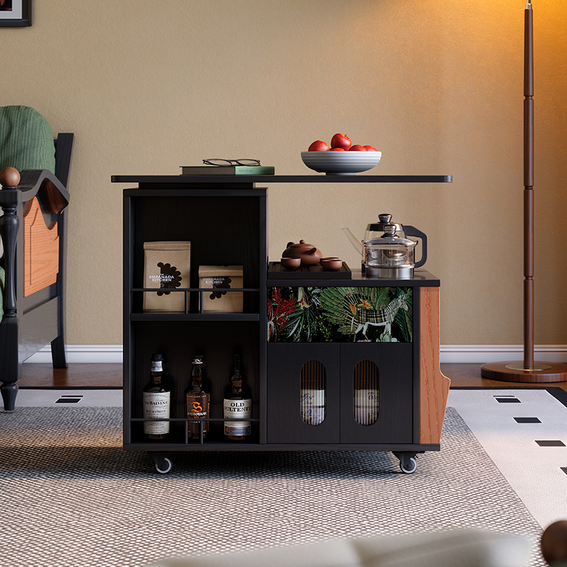 同言实木茶水柜法式复古客厅小推车可移动沙发边柜中古风茶几