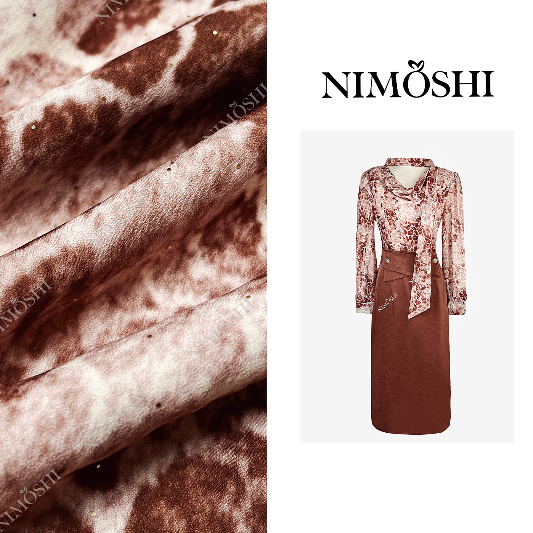 Q2392 秋季轻奢长袖豹纹领带高腰气质显瘦直筒连衣裙Q2392