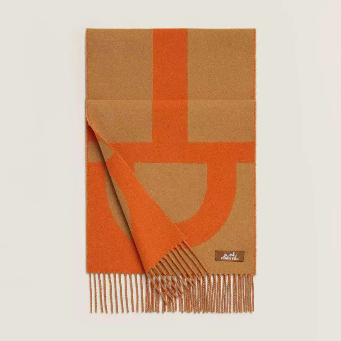 99新 Hermes/爱马仕 橘色拼驼色双面围巾/70075378/代卖服务/12期