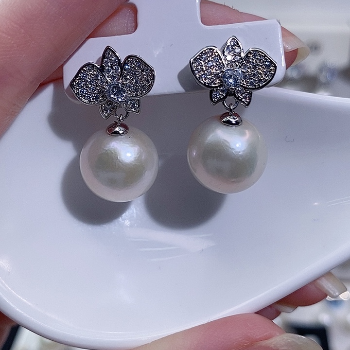 淡水珍珠银S925镶嵌耳饰12+A