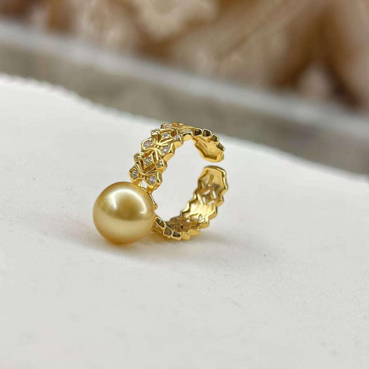 海水珍珠金珠戒指 10-11mm S925银 LJ045