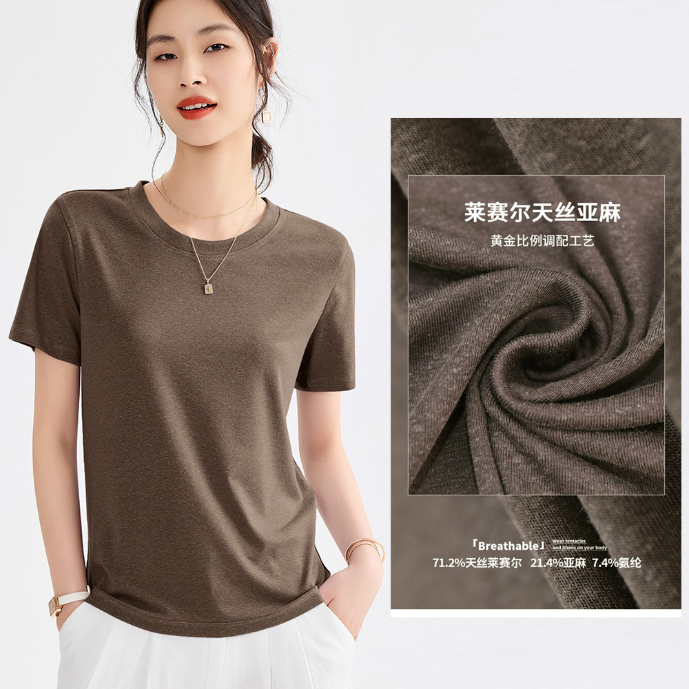 新款莱赛尔天丝亚麻短袖面膜T恤夏款休闲百搭圆领纯色显瘦套头衫