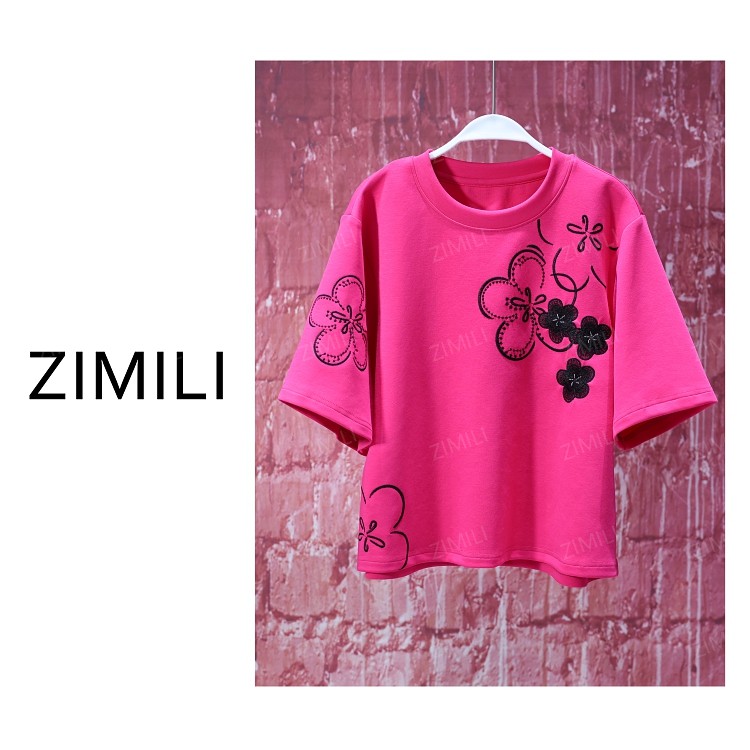 【亮哥女装】2025欧版玫红色梅花刺绣阔版高克重气质短袖9681-C5