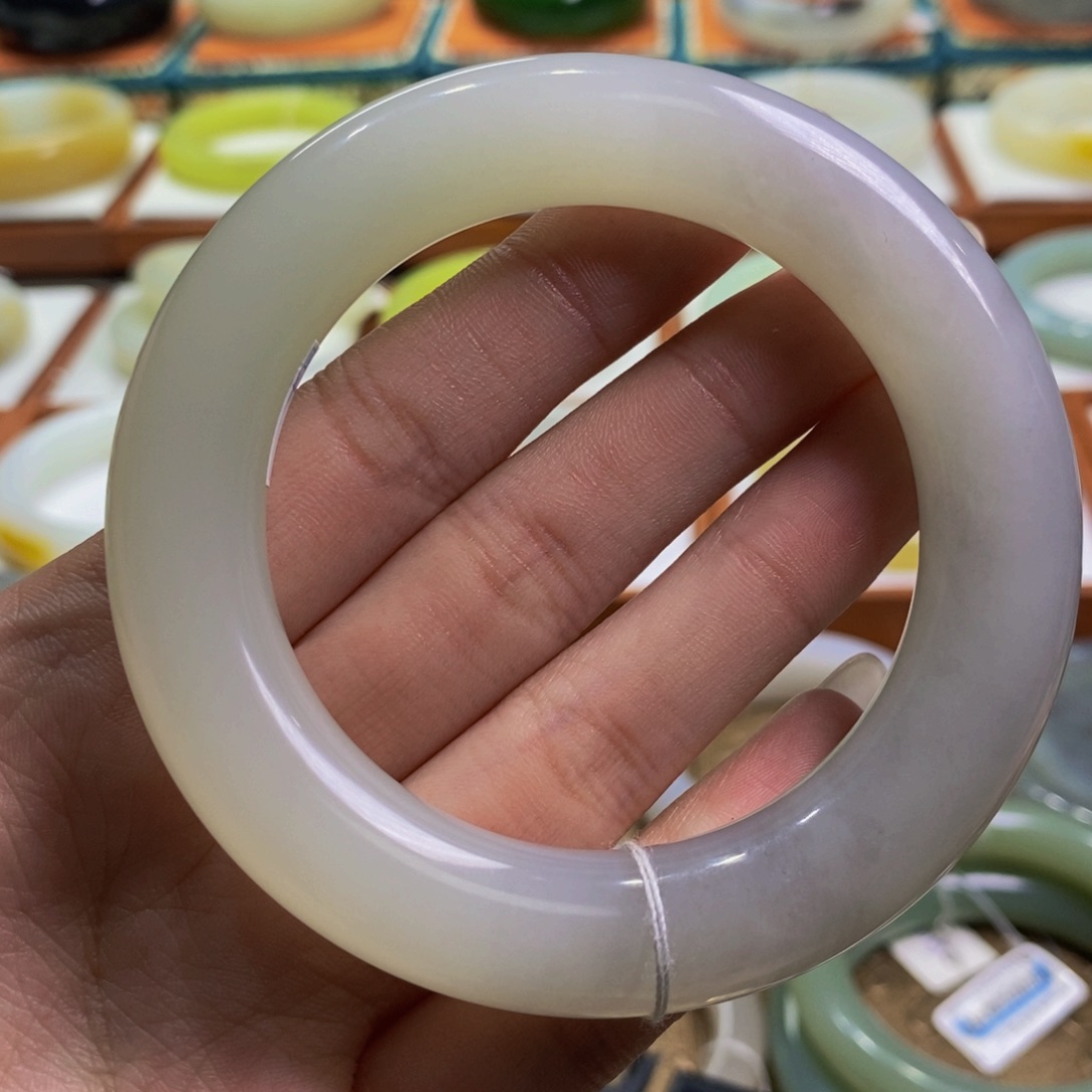 和田玉手镯未镶嵌青海高冰晴水带烟紫56➕大胖圆