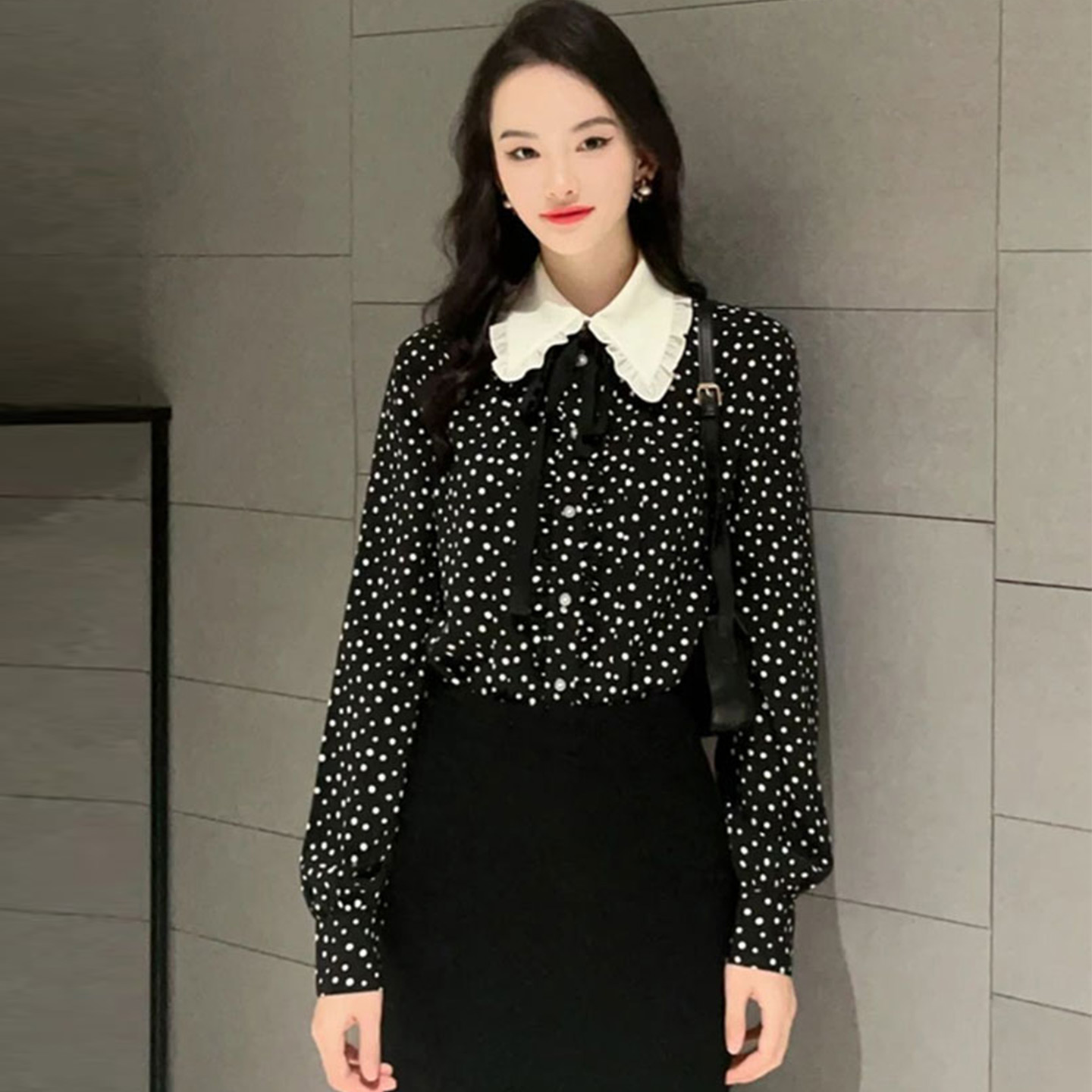 【商场同款】娃娃领木耳边波点系带长袖衬衫雪纺花边衬衣女1300973