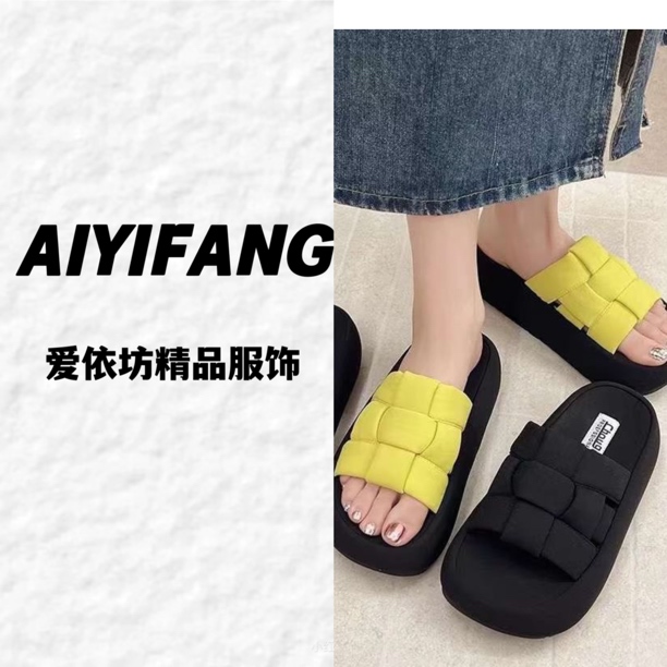 （爱依坊）一字拖鞋露趾编织厚底圆头