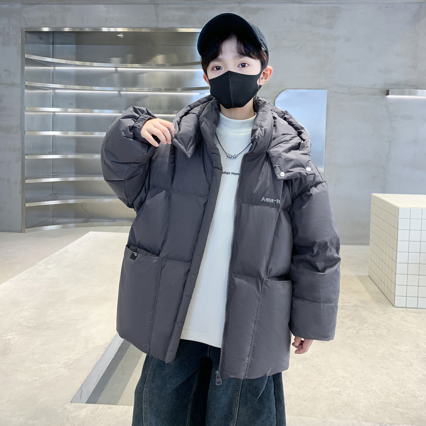 加厚保暖过冬新款连帽字母厚款棉服棉袄儿童保暖外套帅气棉衣韩版