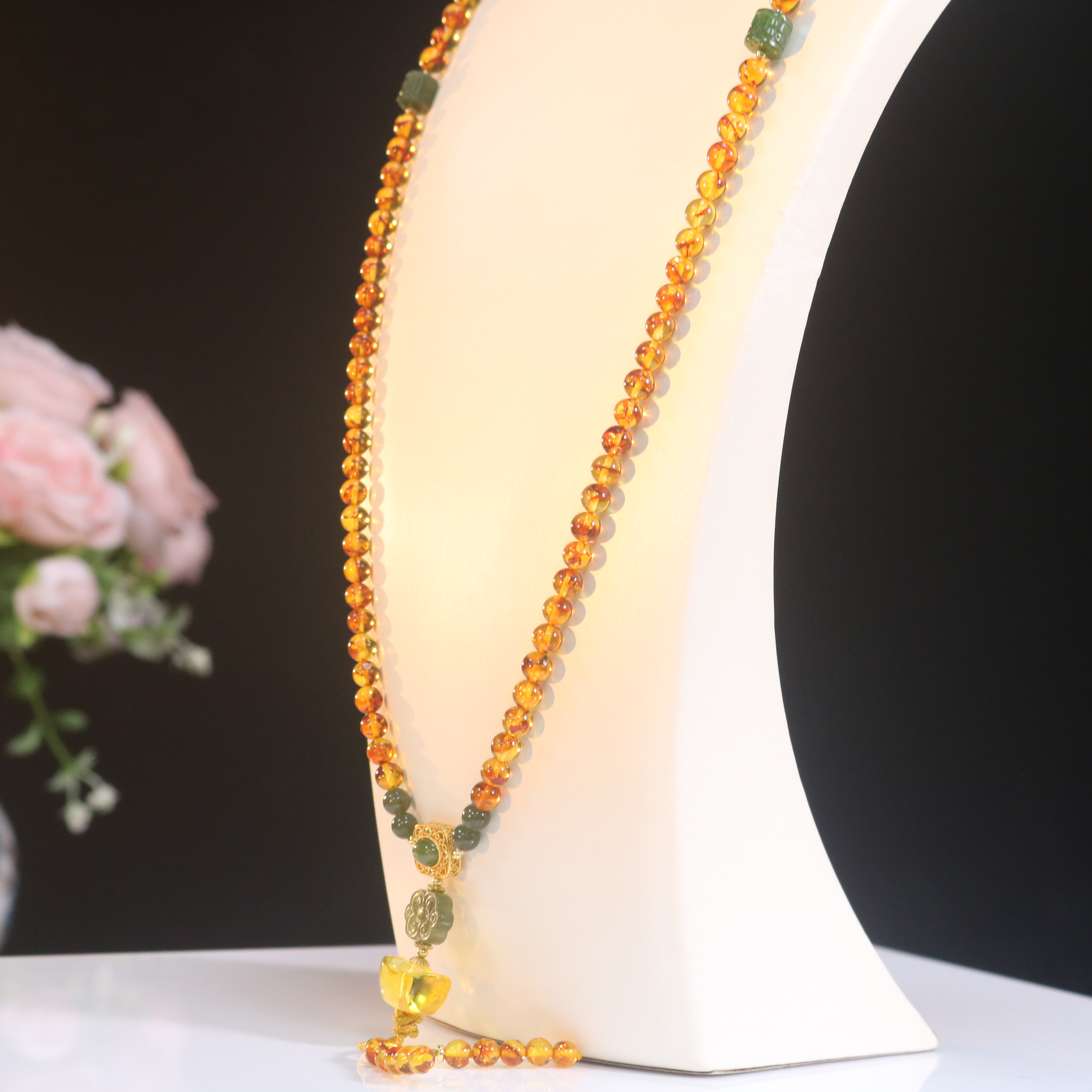 苏芳珠宝-6mm天然俄罗斯花珀108佛珠设计款手工气质温婉长款多圈