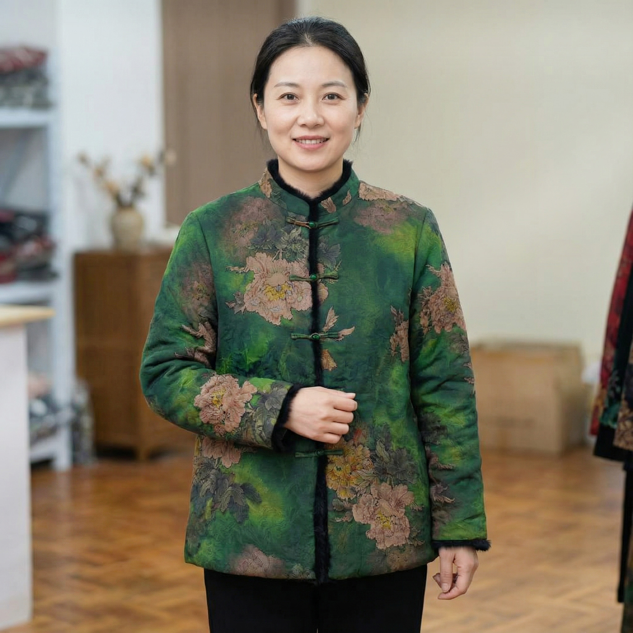 冬季新款桑蚕丝香云纱水貂毛边棉袄高级感气质内里填充仿丝棉棉服
