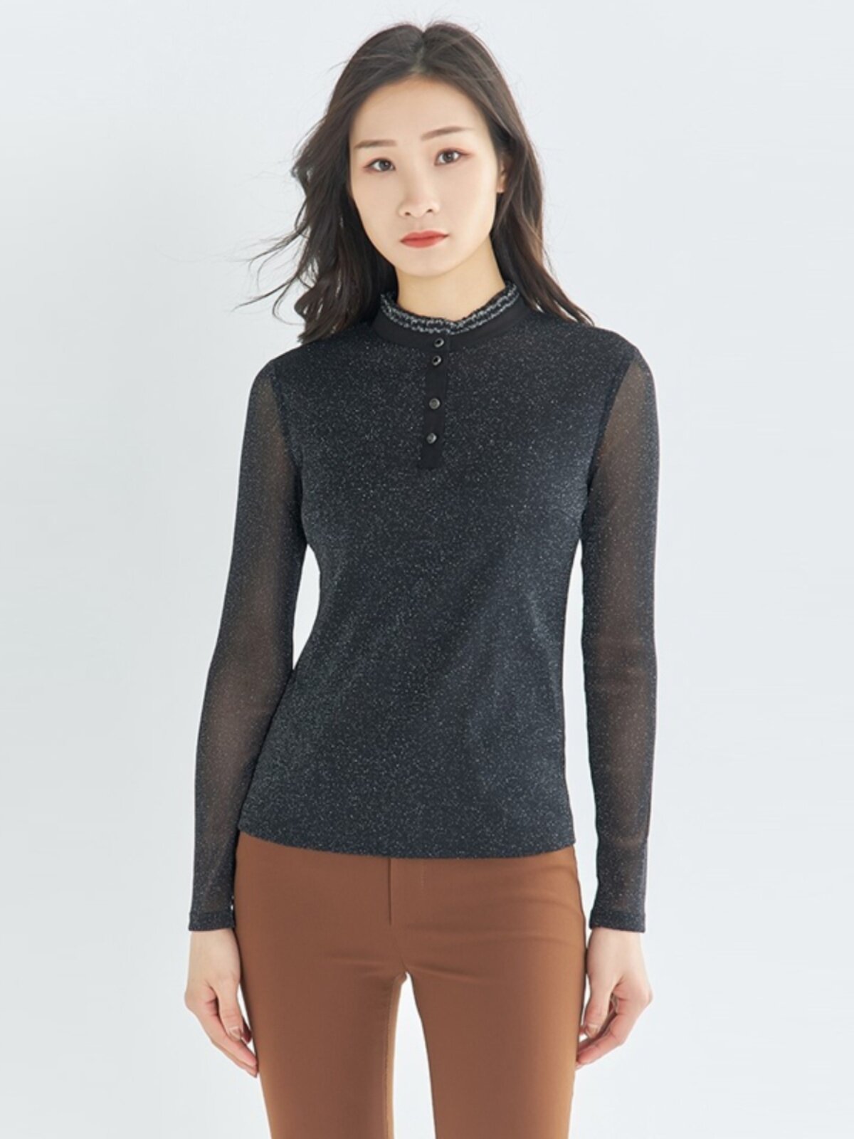 春秋新款亮丝网纱立领T恤衫长袖打底衫上衣1300439