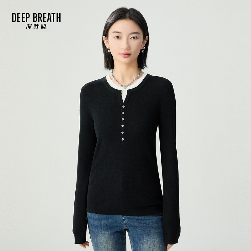 【100%羊毛】DEEP BREATH深呼吸女装假两件拼色羊毛针织衫女A301646