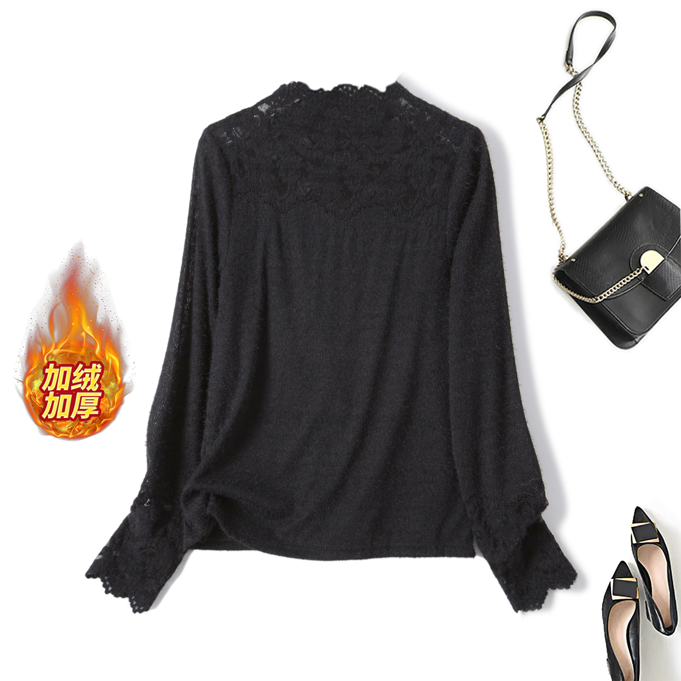 2025秋冬大码韩系加绒保暖半高领蕾丝打底衫女显瘦长袖小衫64005