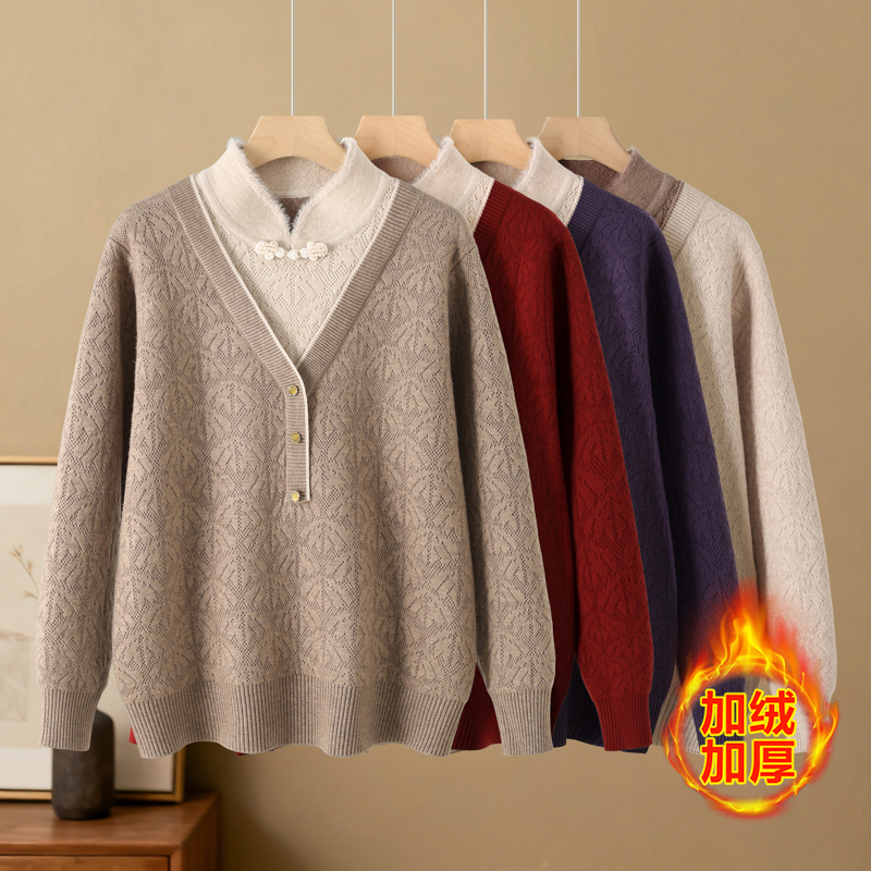 （三粒扣）妈妈女装加绒假两件毛衣中老年加厚针织衫毛衣保暖打底