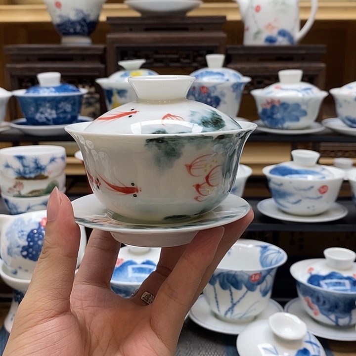 手绘水墨荷花盖碗釉下彩高温瓷微瑕福利款