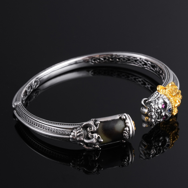 925银银制品 喜三福文创 财神大黑天复古潮流百搭手工雕刻手镯