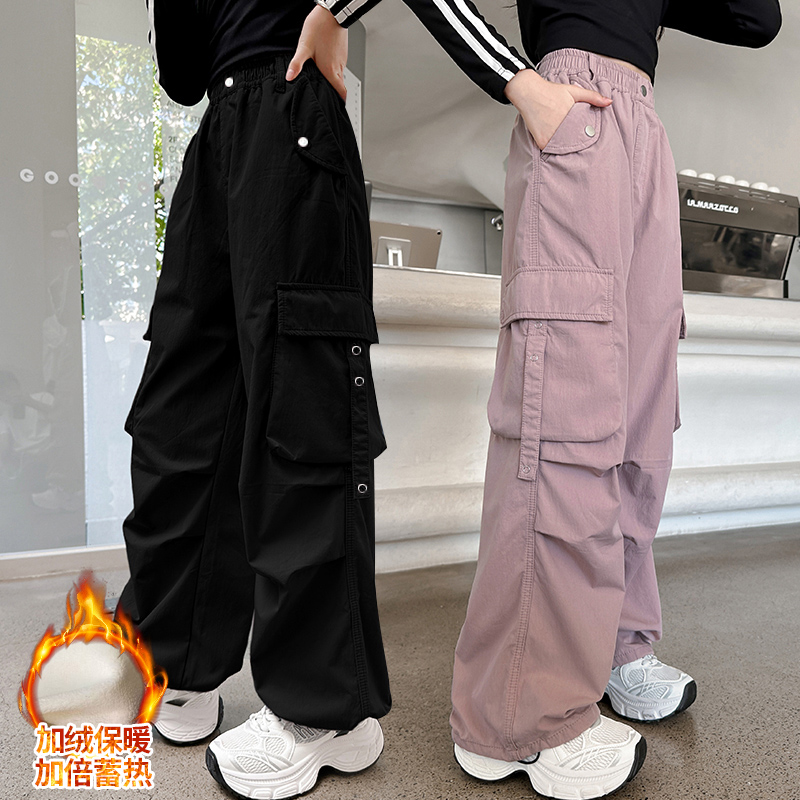 女童秋冬款工装裤儿童装裤子2025新款冬装女孩冬季加绒休闲直筒裤