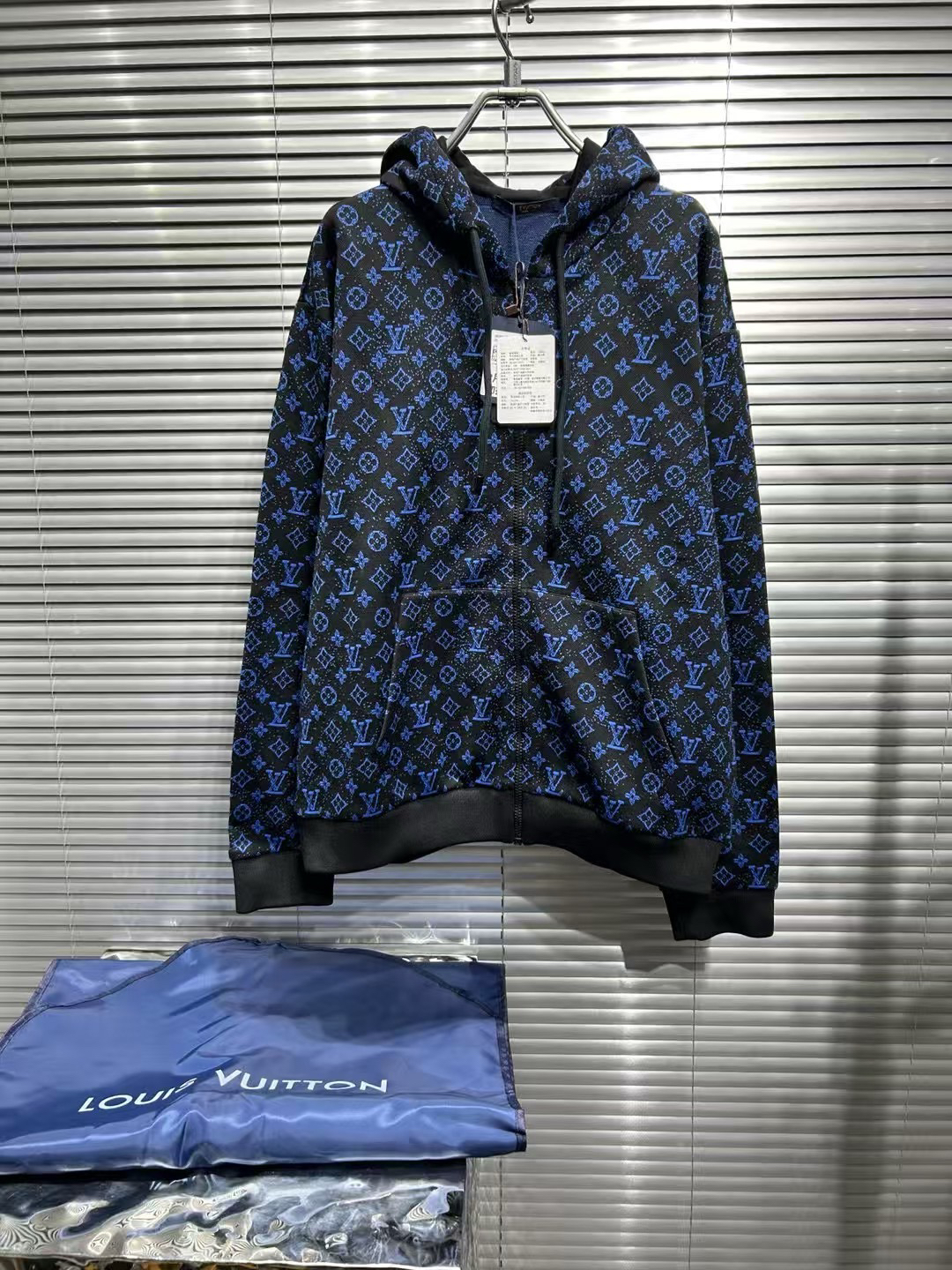 未使用 LouisVuitton/路易威登 蓝色老花满印针织拉链帽衫/L码
