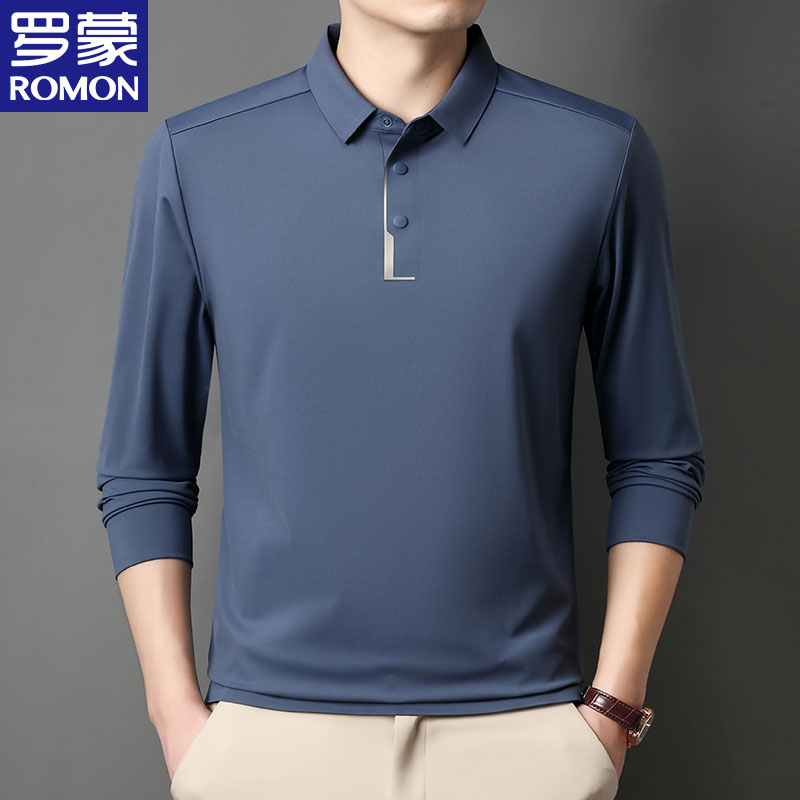 Romon/罗蒙男士休闲男装秋季polo长袖休闲字母纯色polo衫男装