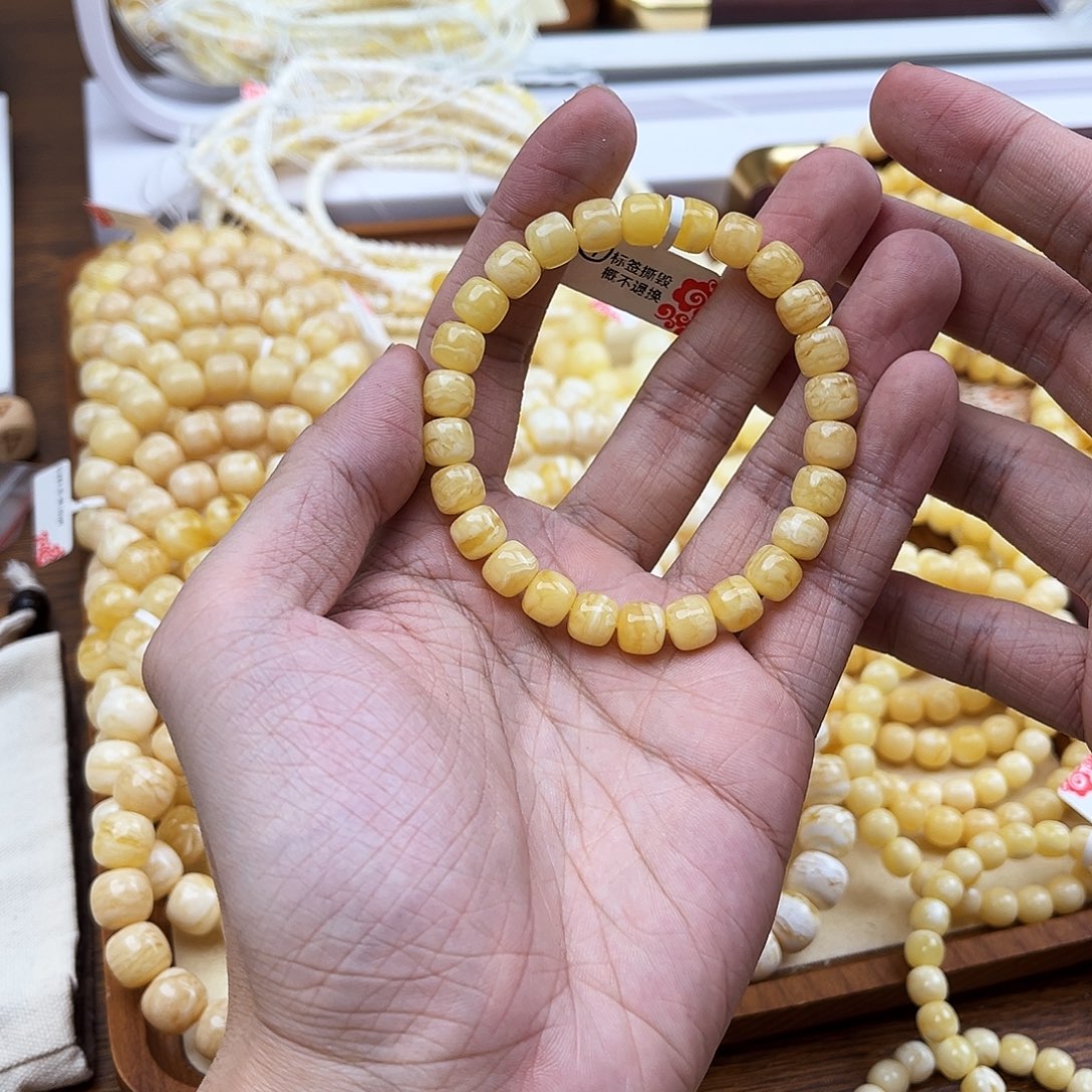 蜜蜡未镶嵌手链黄白花虎皮纹8.5mm