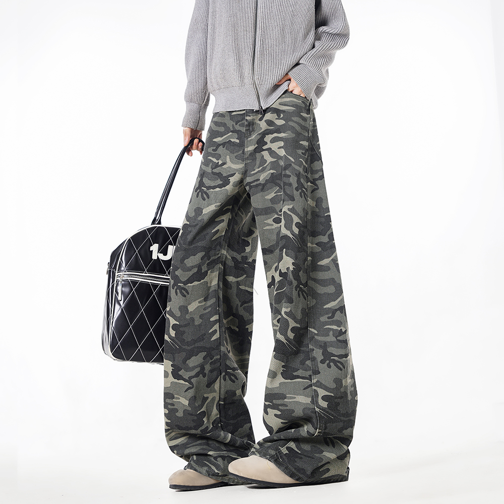 美式复古迷彩裤男宽松直筒弯刀牛仔裤男女设计感宽松阔腿工装裤子