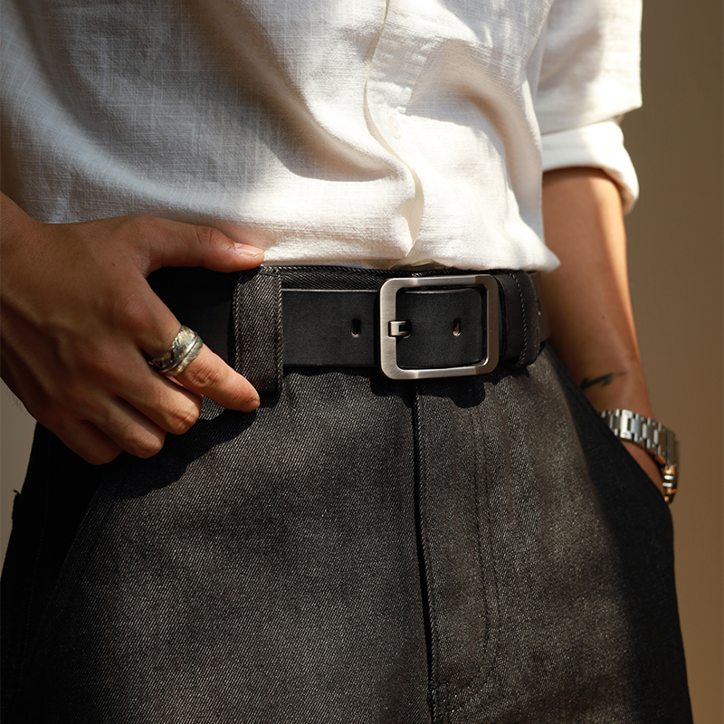 回故HYMG 头层牛皮 美式复古简约高级感百搭银扣皮带腰带