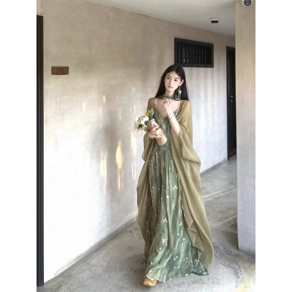 夏日绝美套装女清冷感气质吊带裙度假风雪纺开衫碎花长裙两件套装