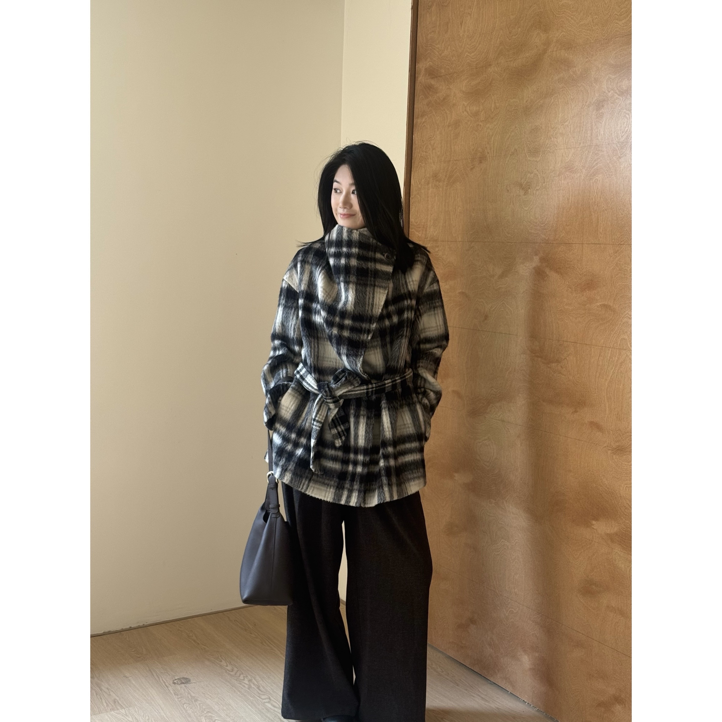 WMNS「格纹高领毛呢大衣」两穿格纹拉毛细带毛呢大衣外套