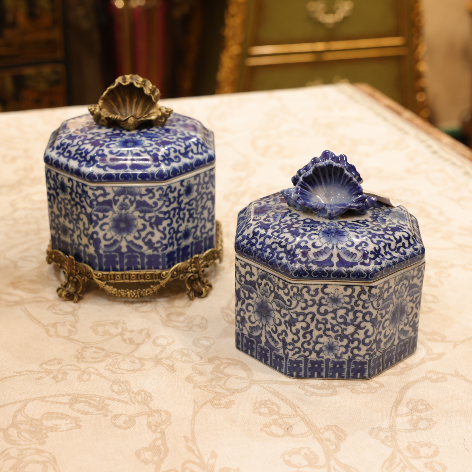 知潇家居/青花盖盒/多边形储物罐/茶叶罐/装饰收纳盖盒/储物盒/