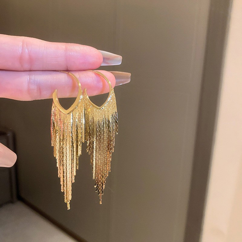 800银玻璃耳饰银针C形几何流苏长款耳环女欧美夸张时尚耳钉小众设