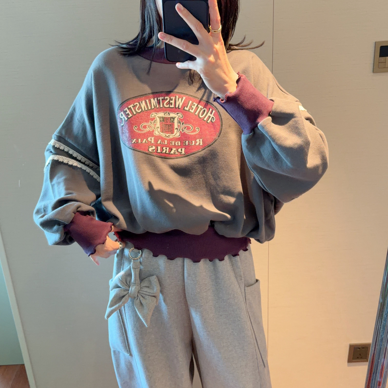 【张静芝】韩国新品~做旧英伦风字母印花拼撞色螺纹花边女生卫衣