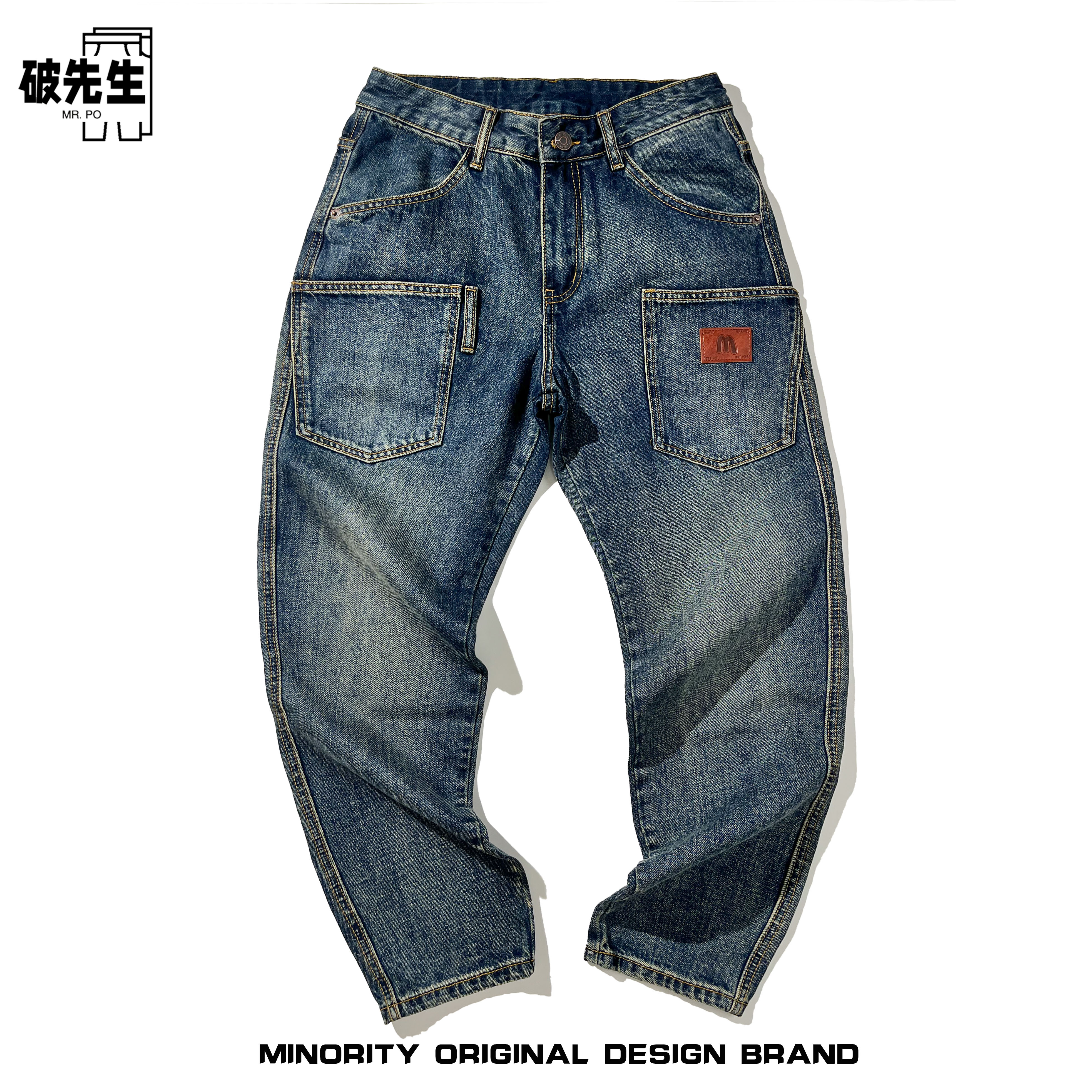 Mr.po/破先生美式复古潮牌多口袋帅气牛仔裤男宽松直筒伐木工装裤
