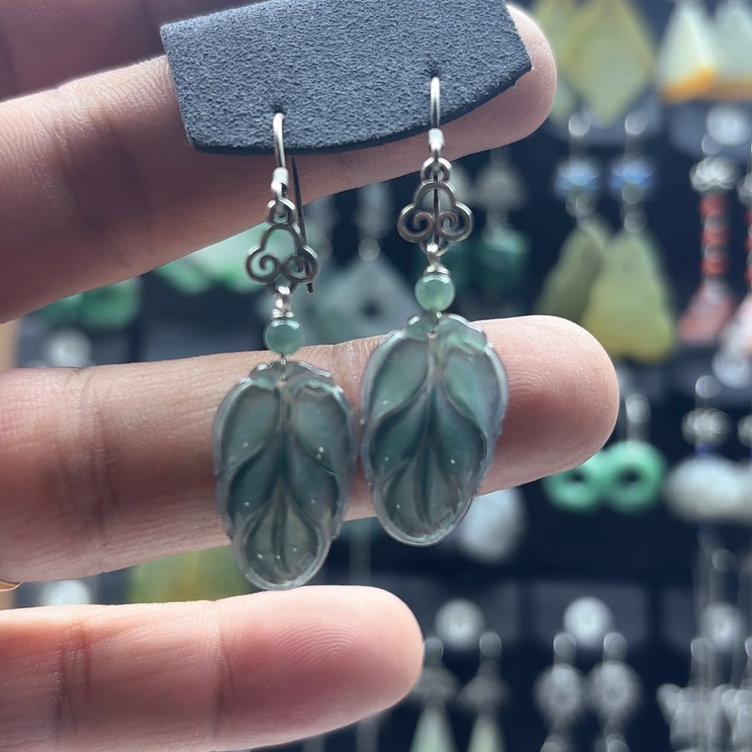 翡翠耳饰银S925镶嵌天然翡翠耳饰925英