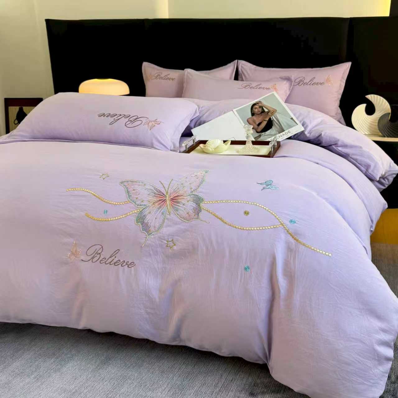 【高端床裙】100支高端绣花磨毛学生宿舍纯色被套床单枕套件套