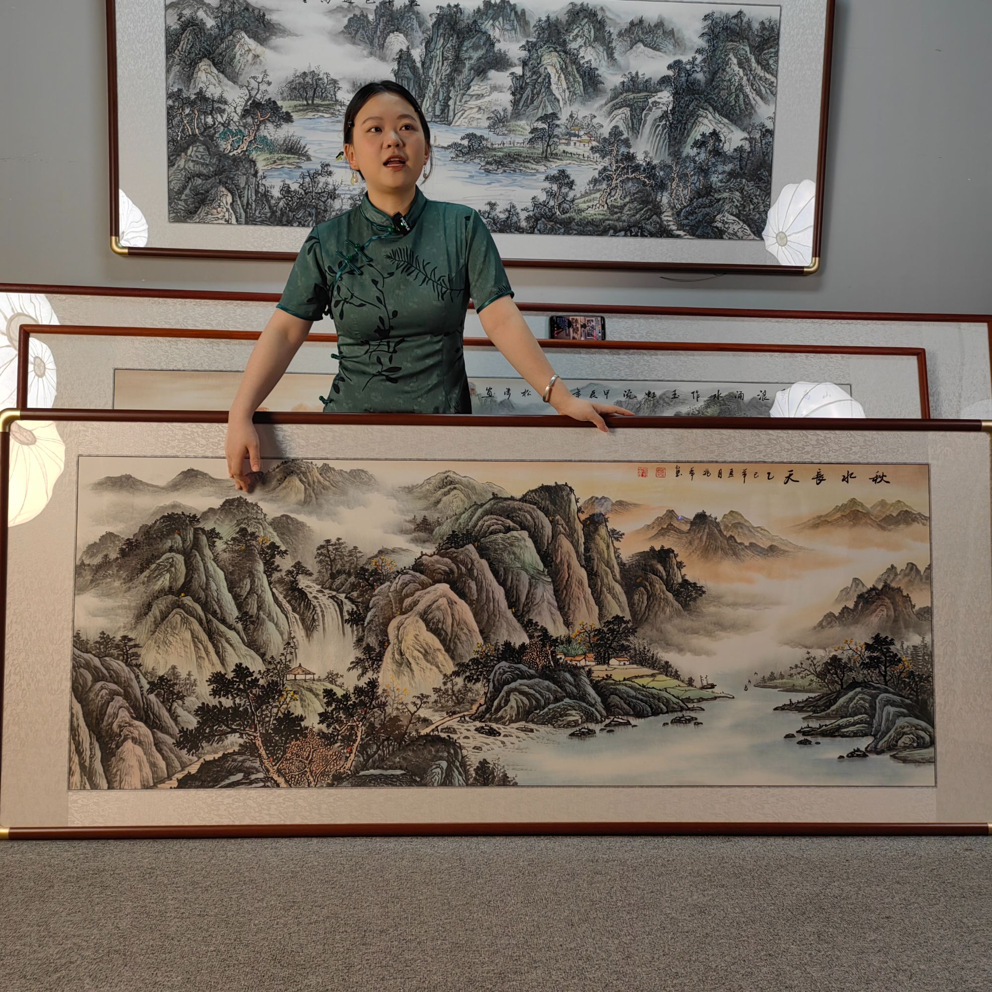 纯手绘秋水长天208*86山水画中国画字画直播间