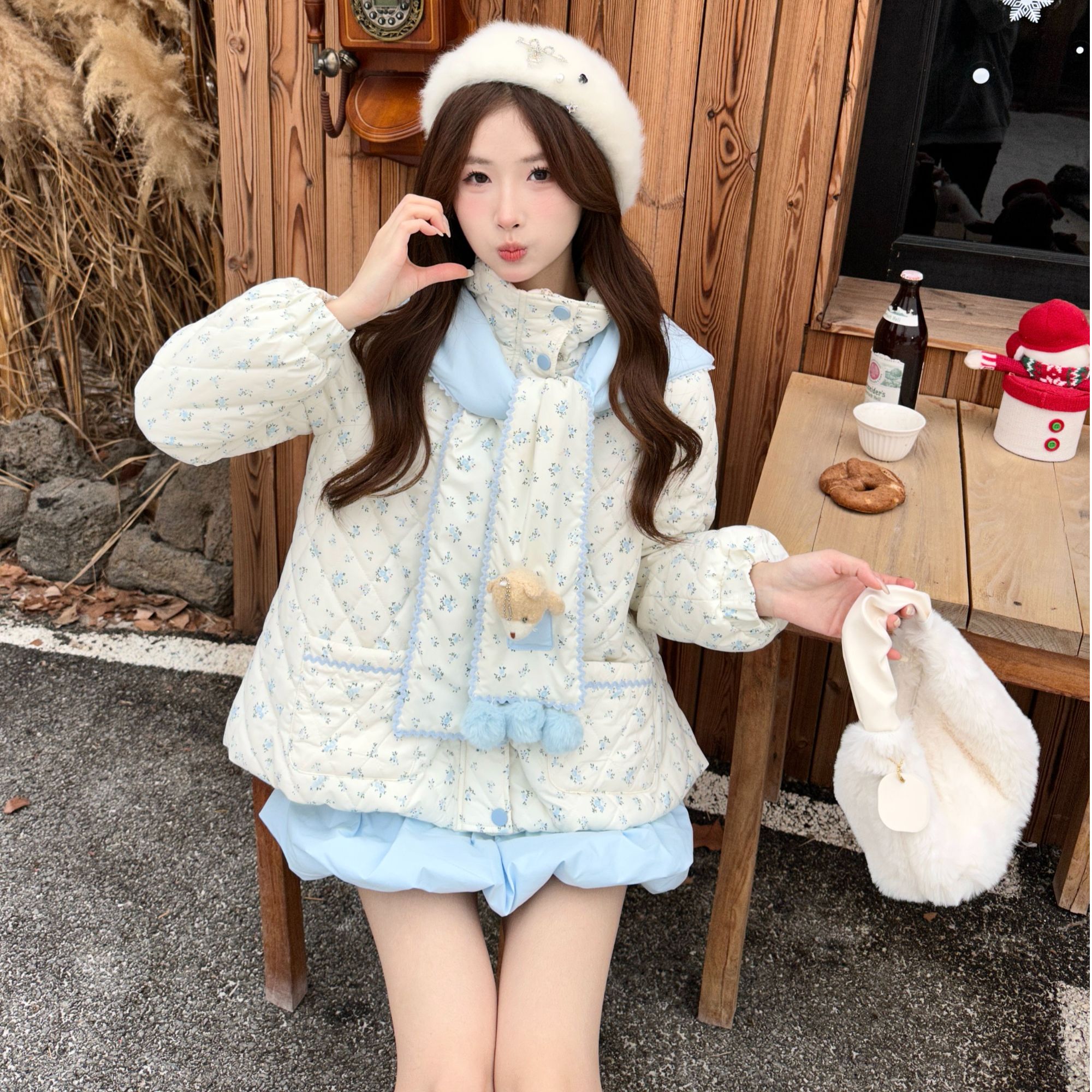 桔梗house 晴蓝初雪 冬季可爱甜妹蓝色碎花加厚棉服棉衣外套短裙