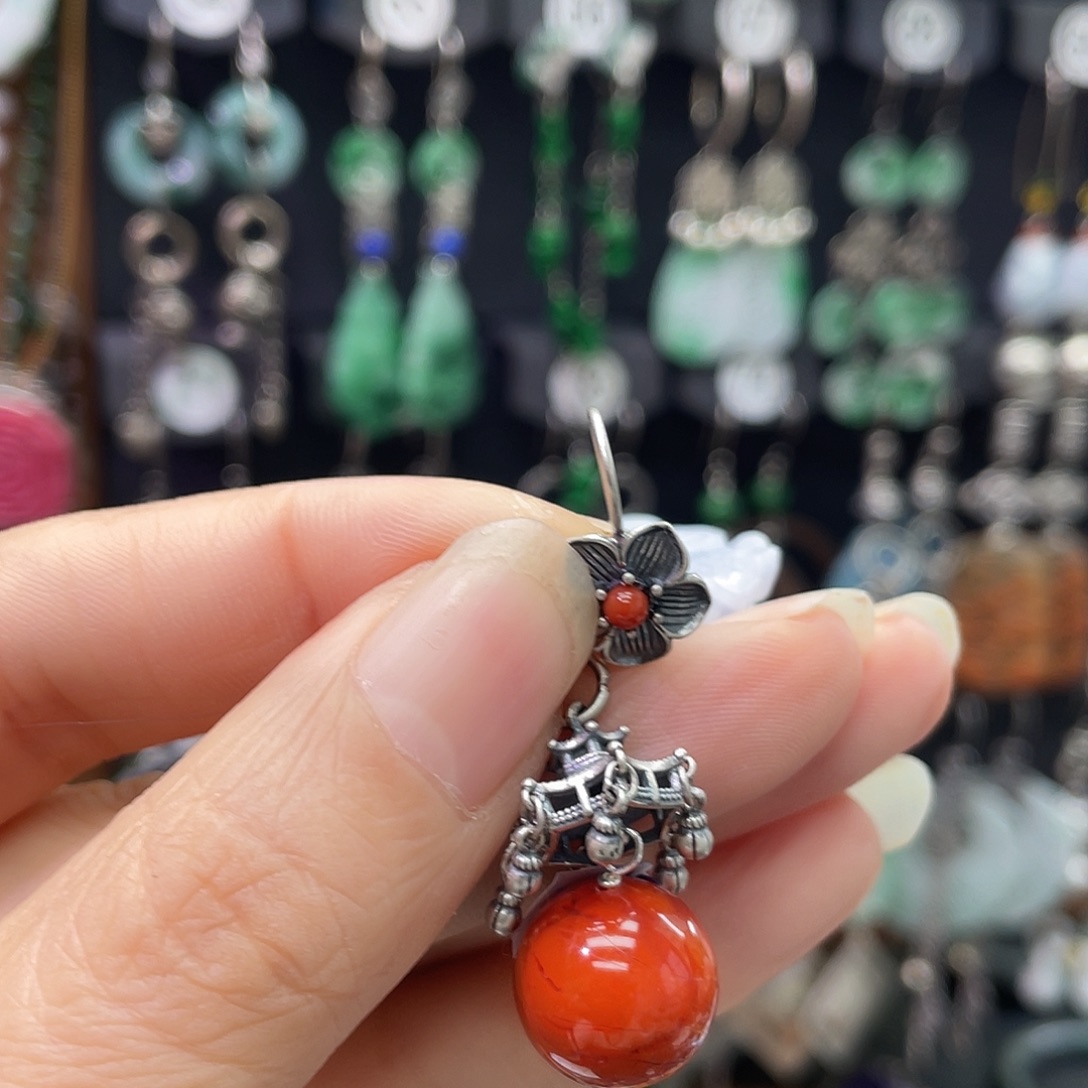 木***棉南红玛瑙银S925镶嵌耳饰327hbbhj