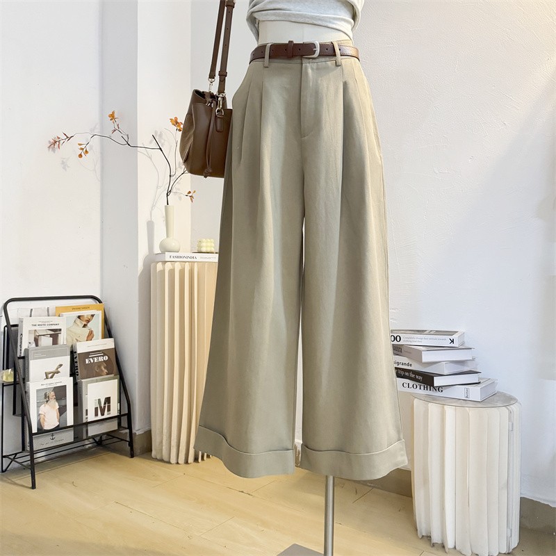 卡其色卷边工装阔腿裤九分休闲裤女2025秋季高腰显瘦宽松腰带裤子